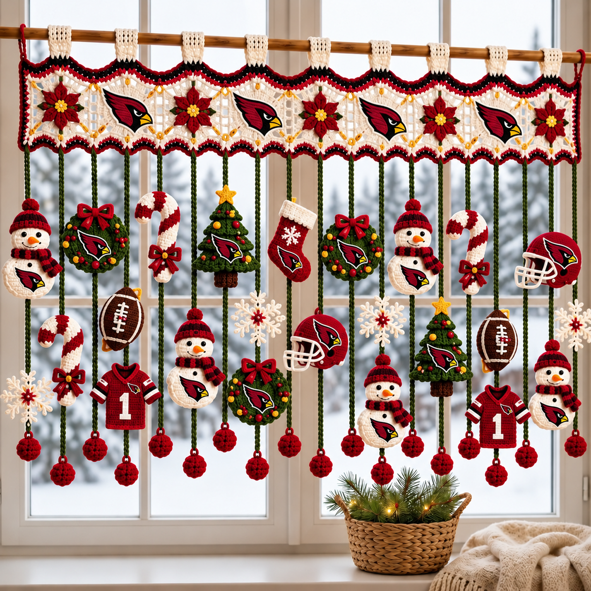 ARI x NFL Christmas Crochet Window Valance β Football Snowman Wreath Holiday Decor