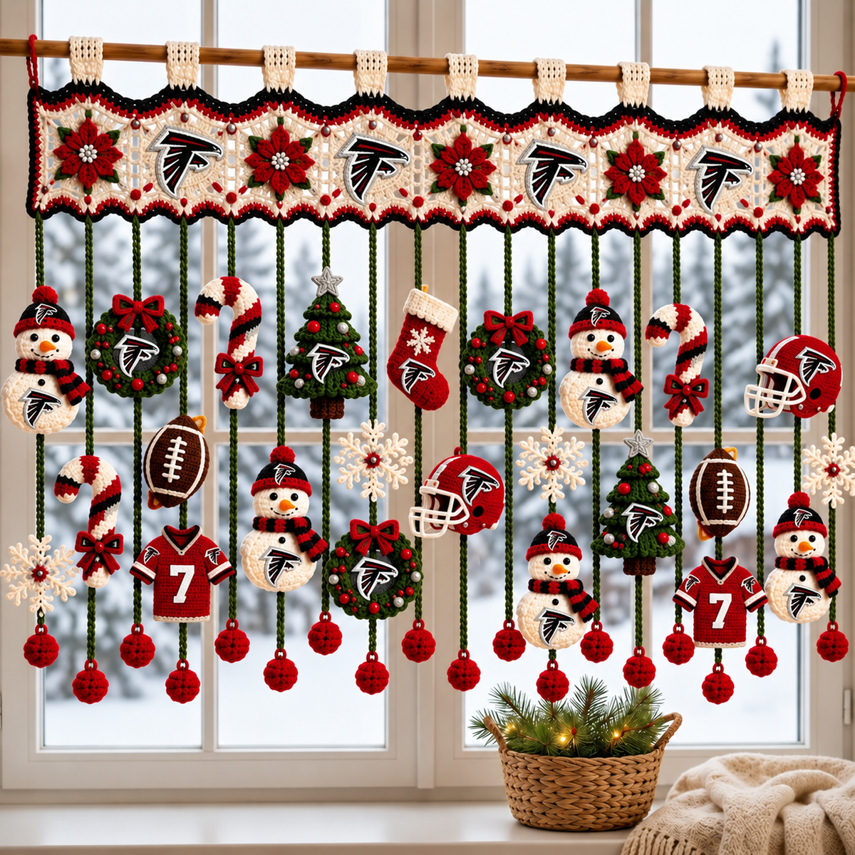 ATL x NFL Christmas Crochet Window Valance β Football Snowman Wreath Holiday Decor