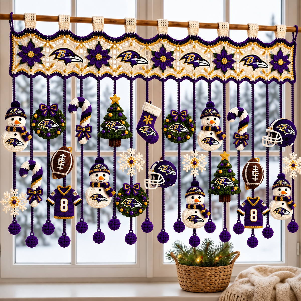 BAL x NFL Christmas Crochet Window Valance β Football Snowman Wreath Holiday Decor