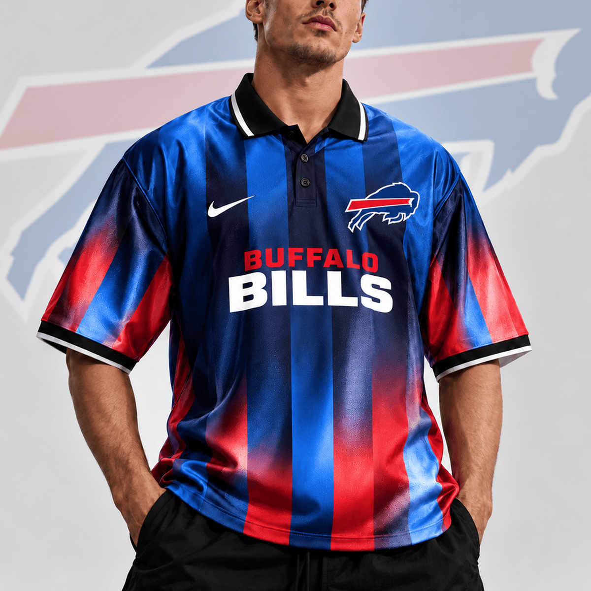 BUF x NFL Team Crest Vertical Stripe Retro Performance Polo Jersey