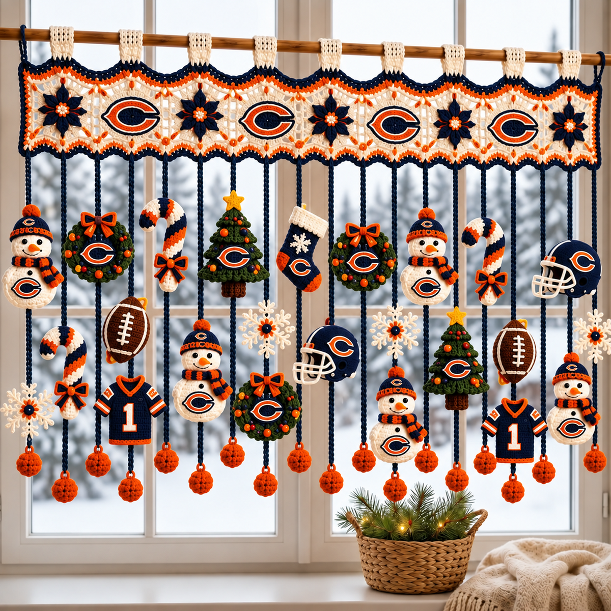 CHI x NFL Christmas Crochet Window Valance β Football Snowman Wreath Holiday Decor