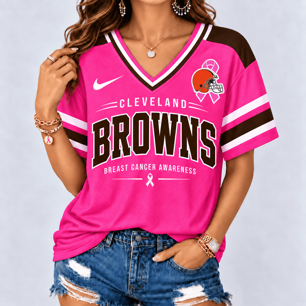 CLE x NFL Pink Breast Cancer Awareness V-neck Shirt