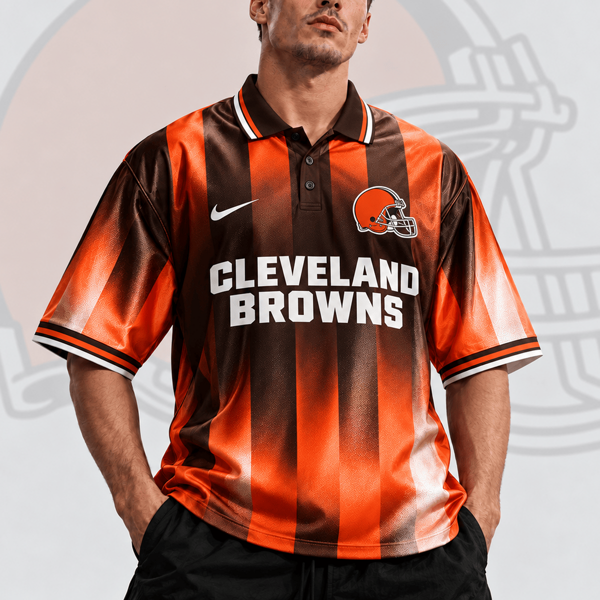 CLE x NFL Team Crest Vertical Stripe Retro Performance Polo Jersey