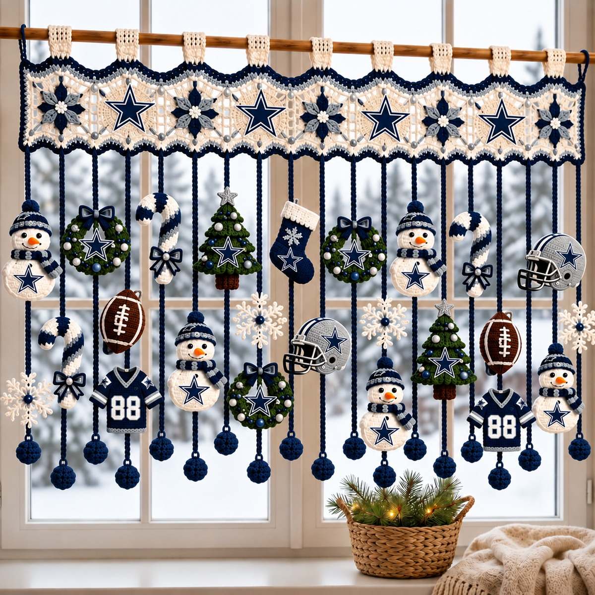 DAL x NFL Christmas Crochet Window Valance β Football Snowman Wreath Holiday Decor
