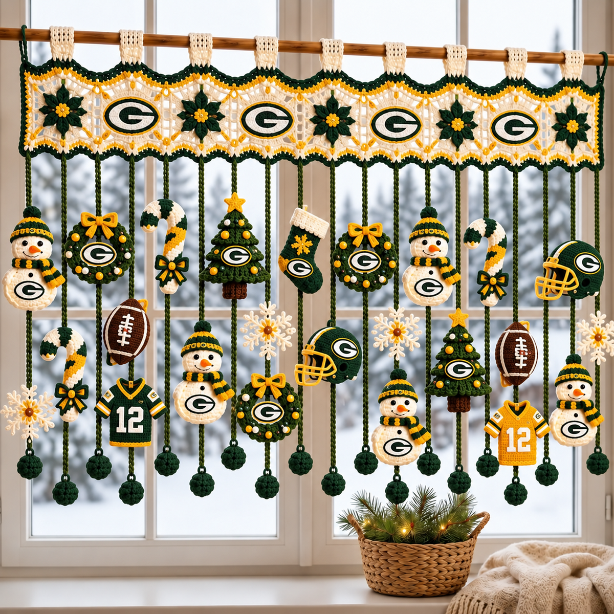 GB x NFL Christmas Crochet Window Valance β Football Snowman Wreath Holiday Decor