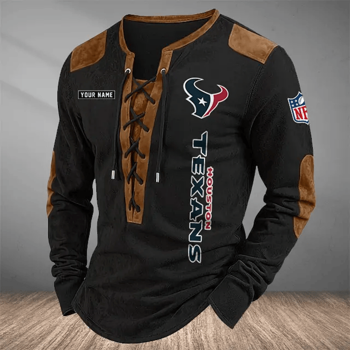 HOU x NFL Custom Name Vintage Henley Long Sleeve Shirt