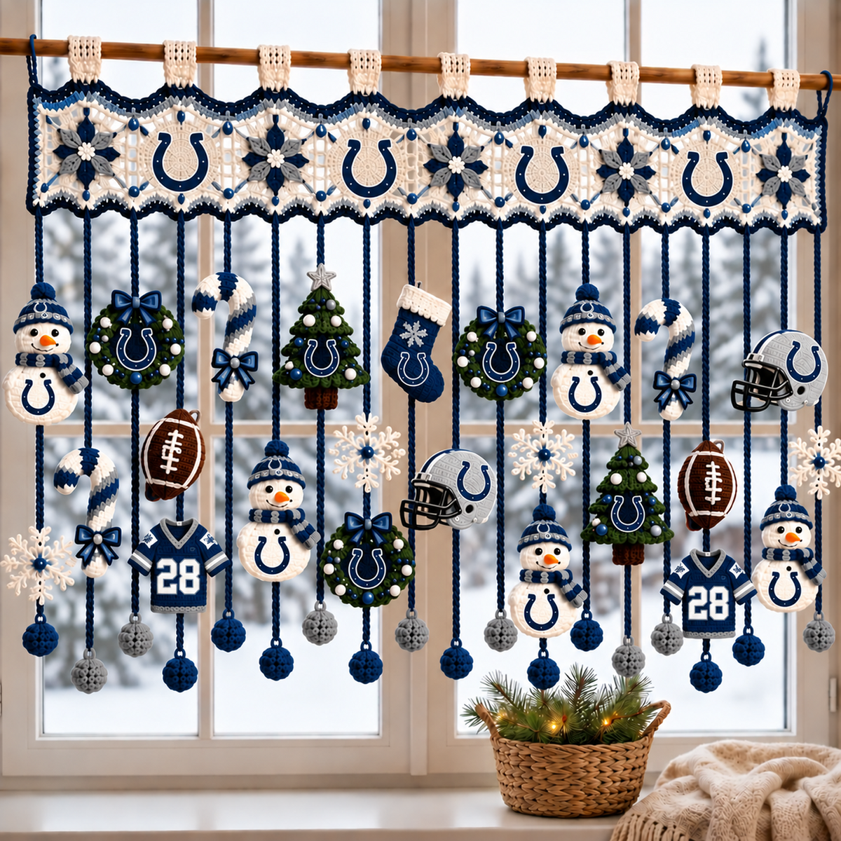 IND x NFL Christmas Crochet Window Valance β Football Snowman Wreath Holiday Decor