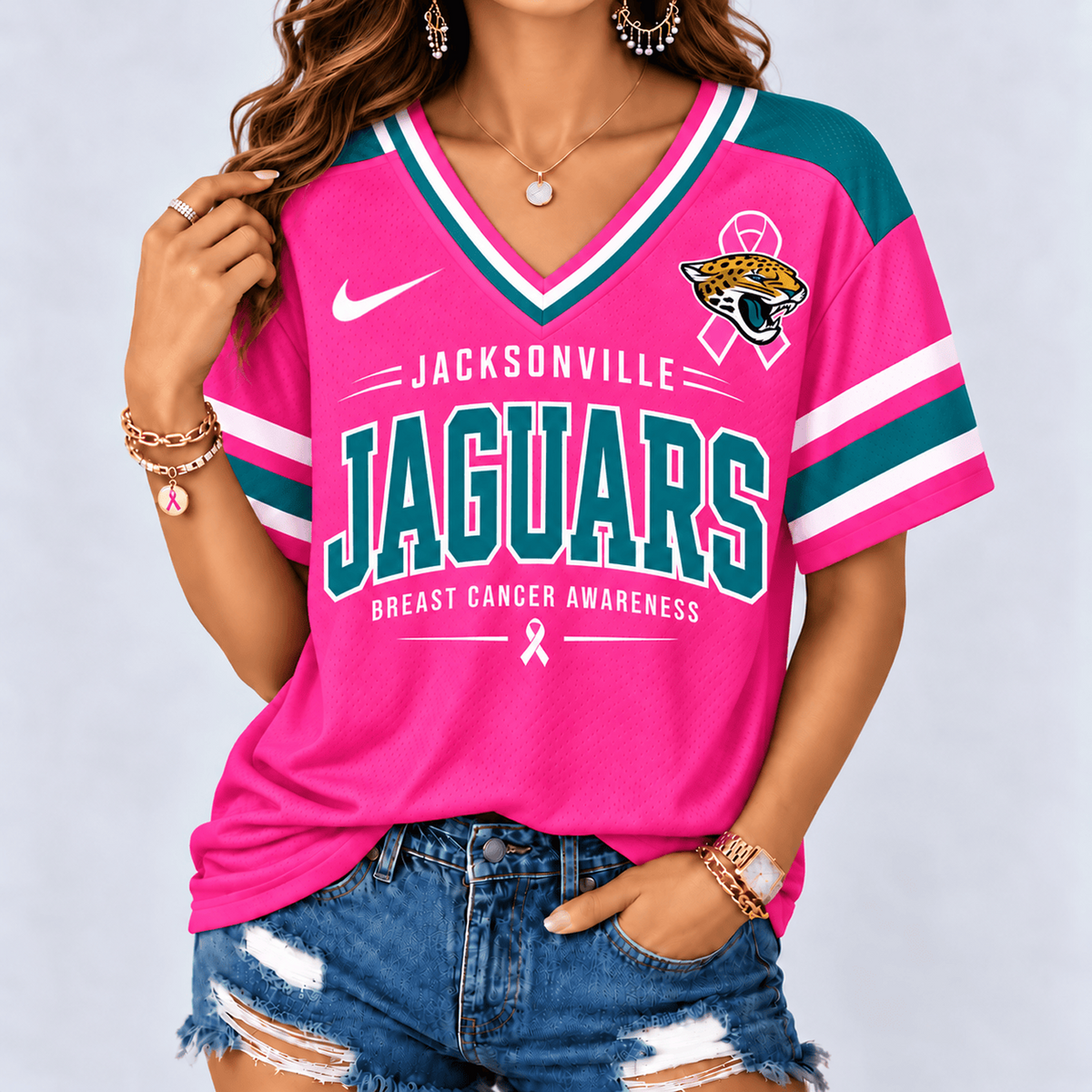 JAC x NFL Pink Breast Cancer Awareness V-neck Shirt