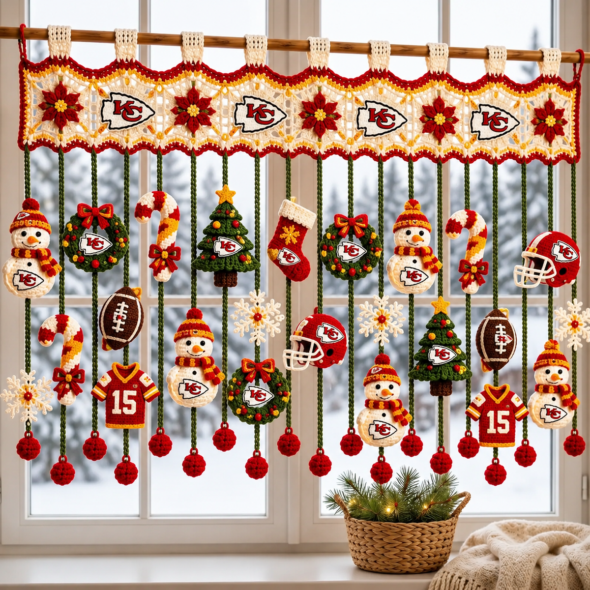 KC x NFL Christmas Crochet Window Valance β Football Snowman Wreath Holiday Decor