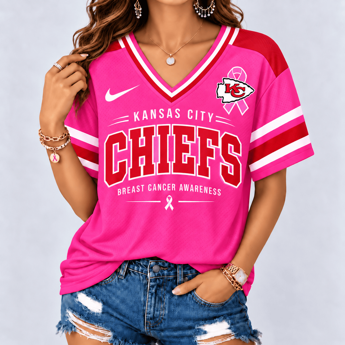 KC x NFL Pink Breast Cancer Awareness V-neck Shirt