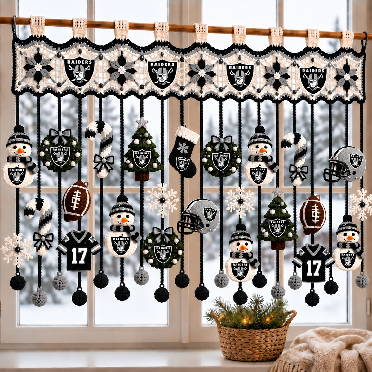 LV x NFL Christmas Crochet Window Valance β Football Snowman Wreath Holiday Decor
