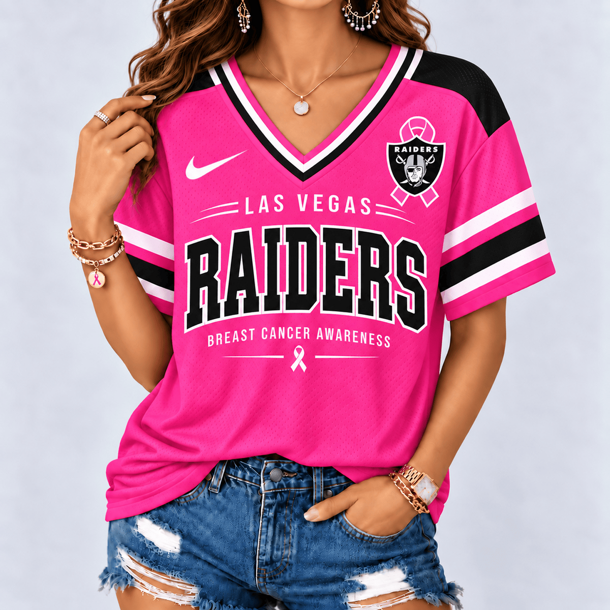 LV x NFL Pink Breast Cancer Awareness V-neck Shirt