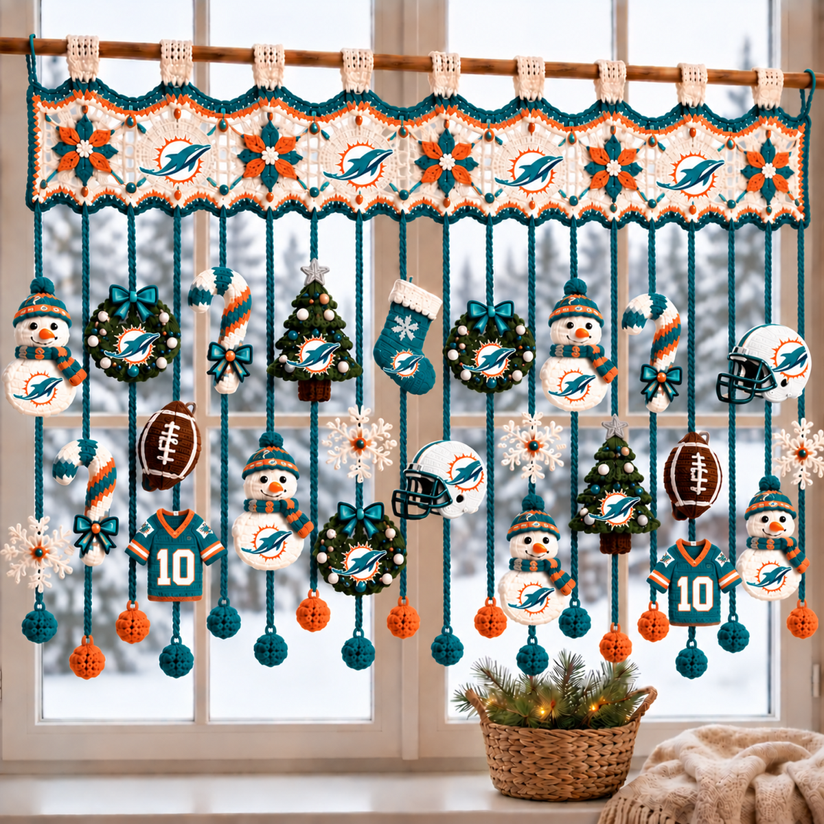 MIA x NFL Christmas Crochet Window Valance β Football Snowman Wreath Holiday Decor