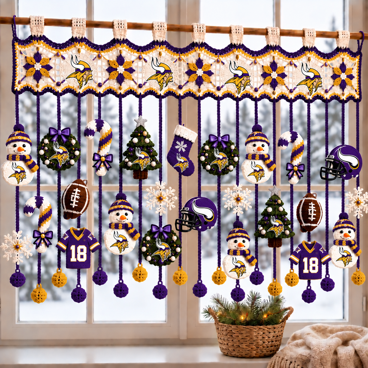 MIN x NFL Christmas Crochet Window Valance β Football Snowman Wreath Holiday Decor