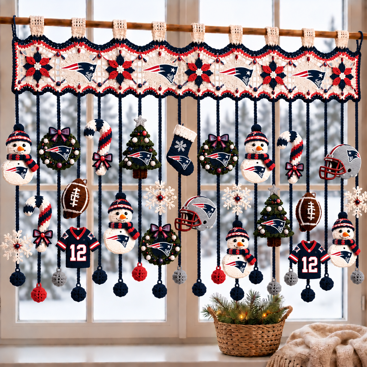 NE x NFL Christmas Crochet Window Valance β Football Snowman Wreath Holiday Decor