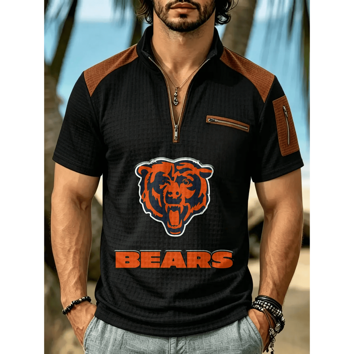 NFL x CHI Men's Quarter Zip Waffle Knit Polo Shirt