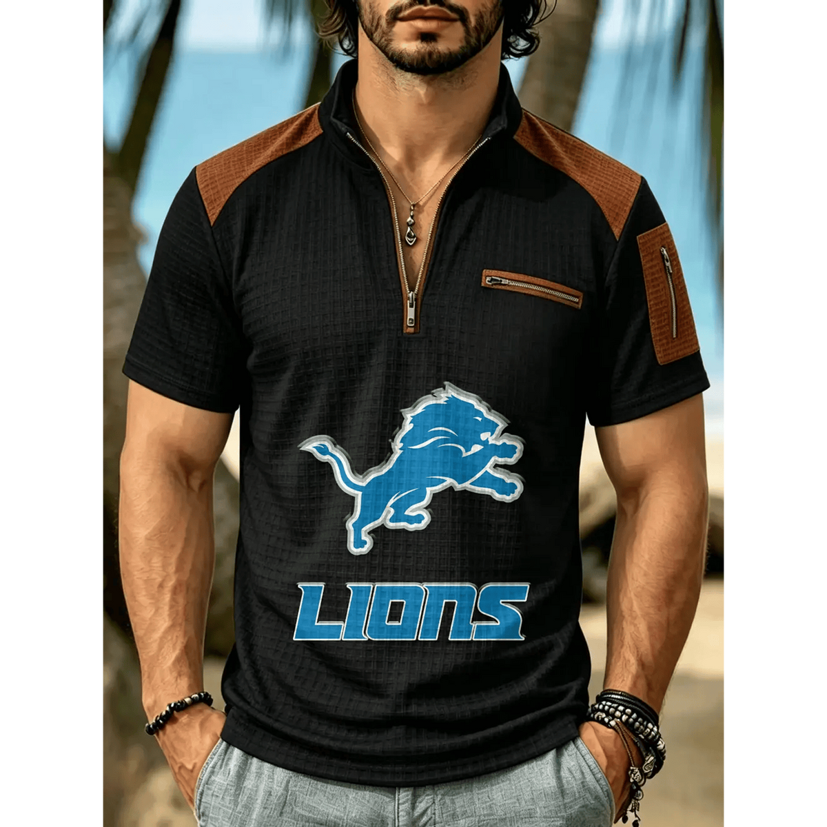 NFL x DET Men's Quarter Zip Waffle Knit Polo Shirt