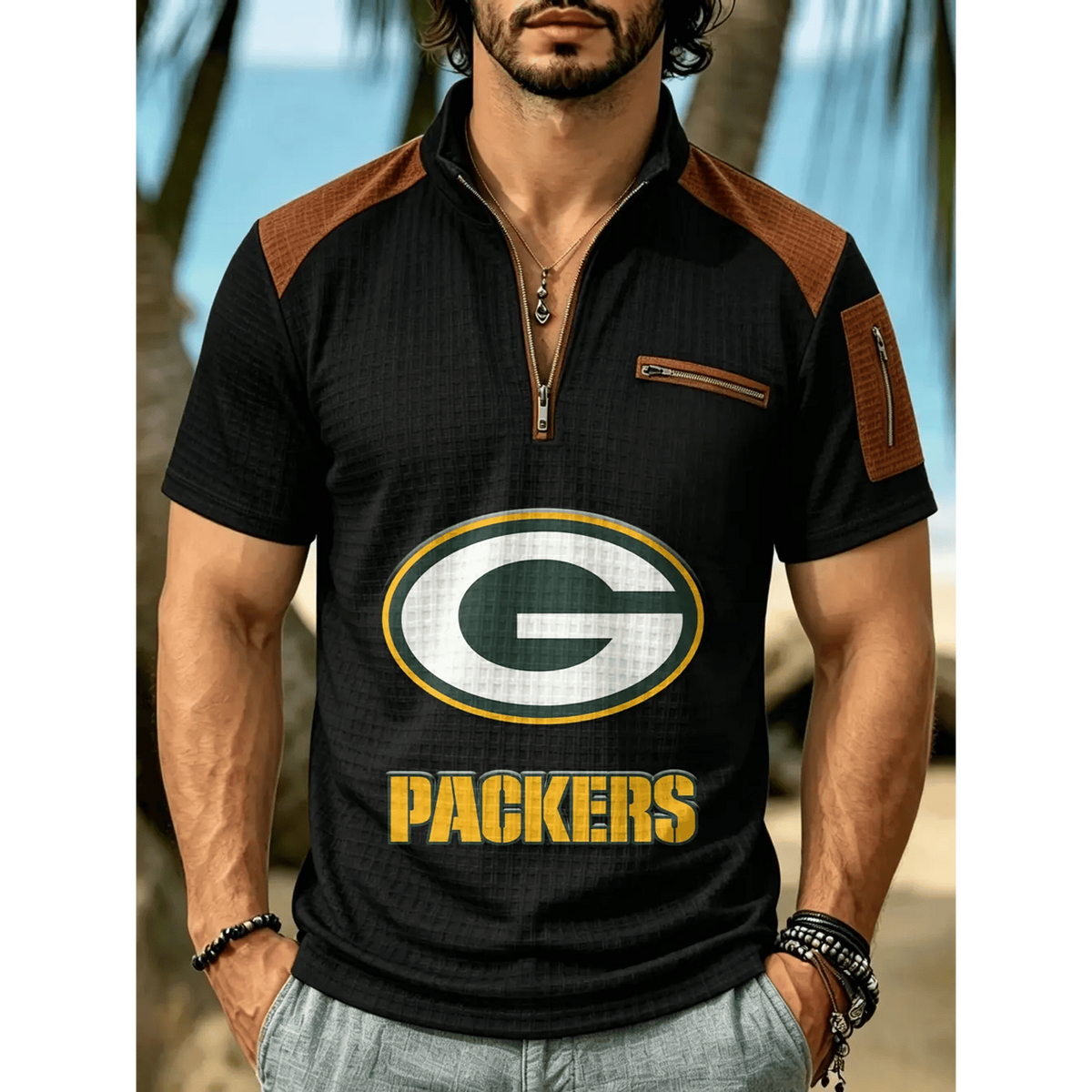 NFL x GB Men's Quarter Zip Waffle Knit Polo Shirt