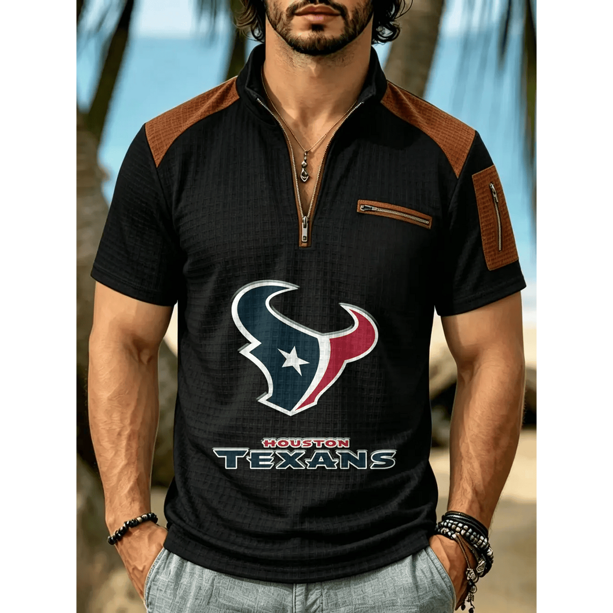 NFL x HOU Men's Quarter Zip Waffle Knit Polo Shirt