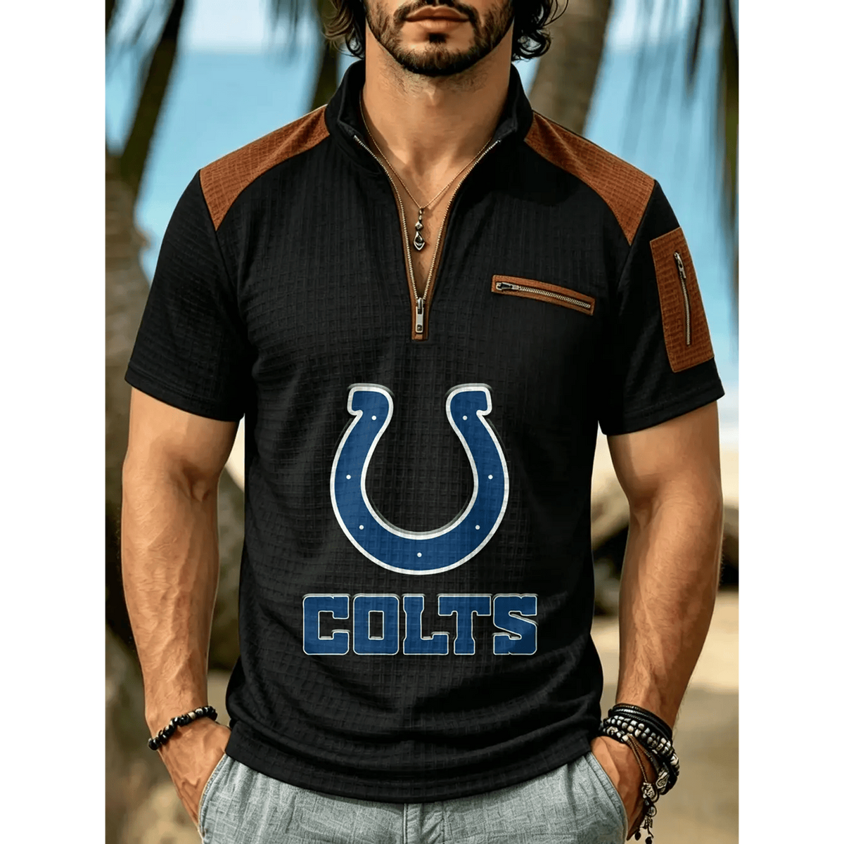 NFL x IND Men's Quarter Zip Waffle Knit Polo Shirt