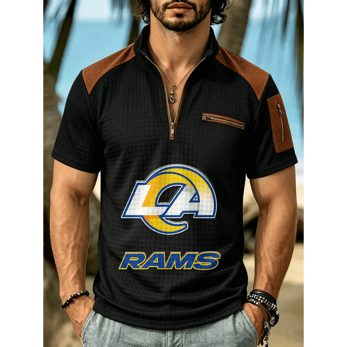 NFL x LAR Men's Quarter Zip Waffle Knit Polo Shirt