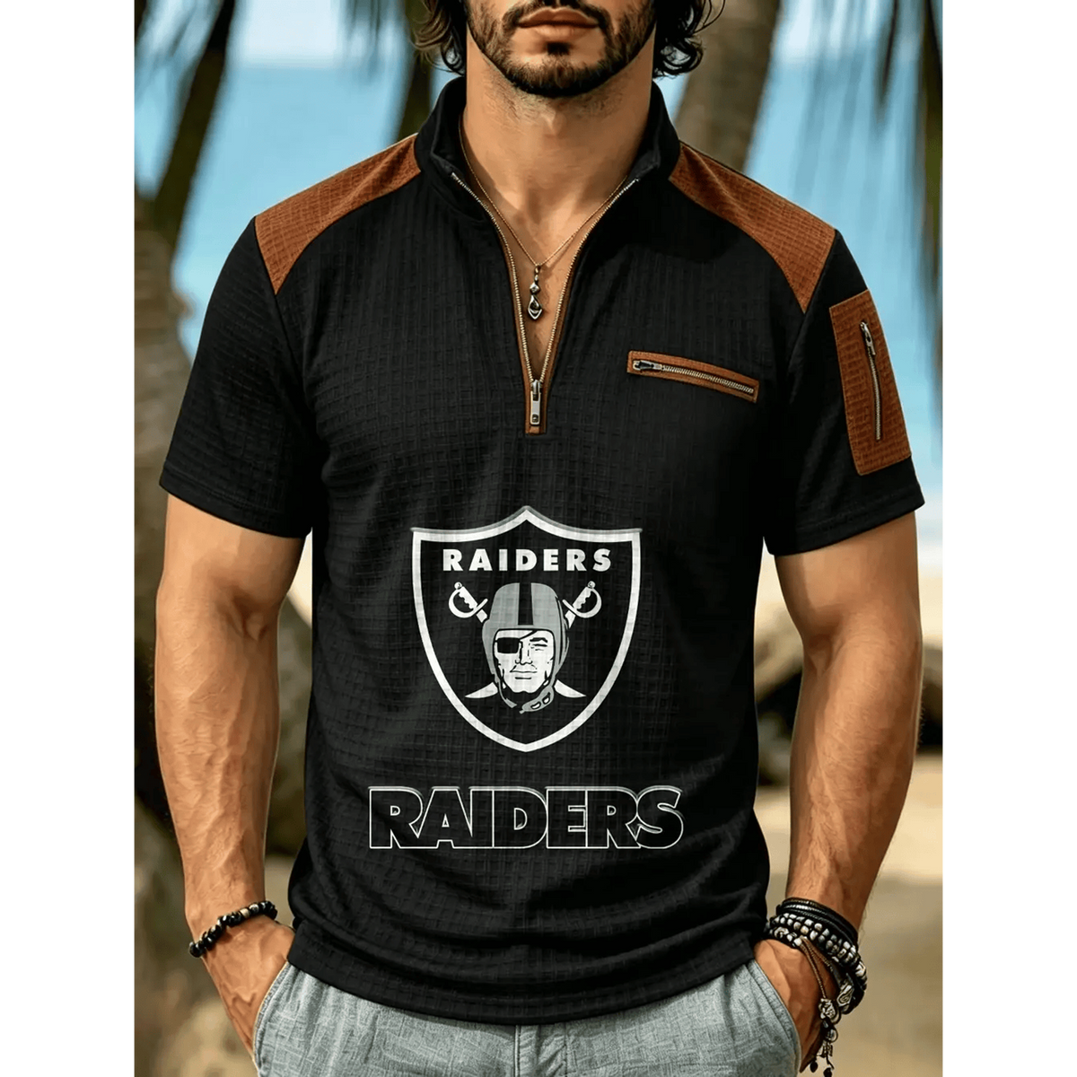NFL x LVR Men's Quarter Zip Waffle Knit Polo Shirt