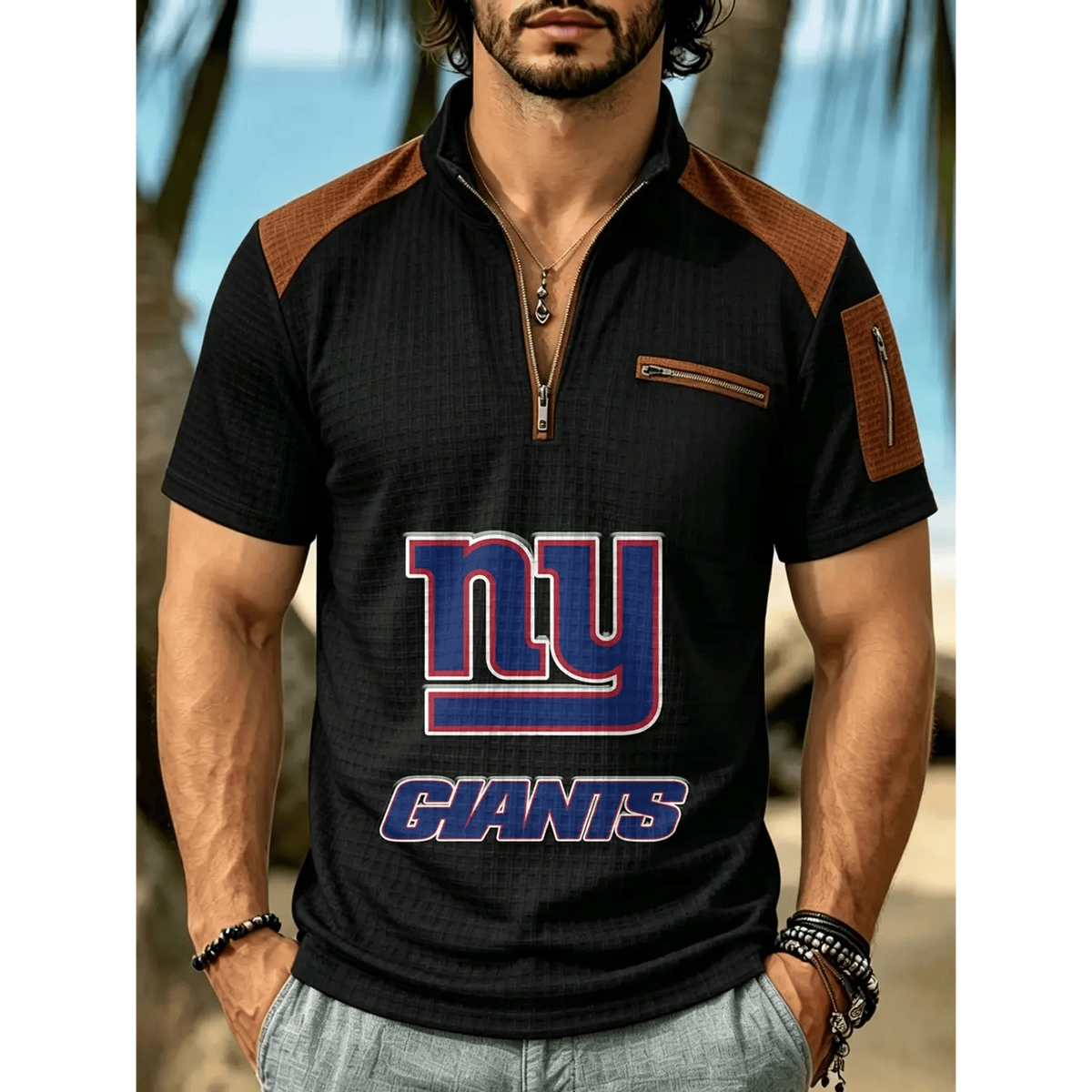 NFL x NYG Men's Quarter Zip Waffle Knit Polo Shirt