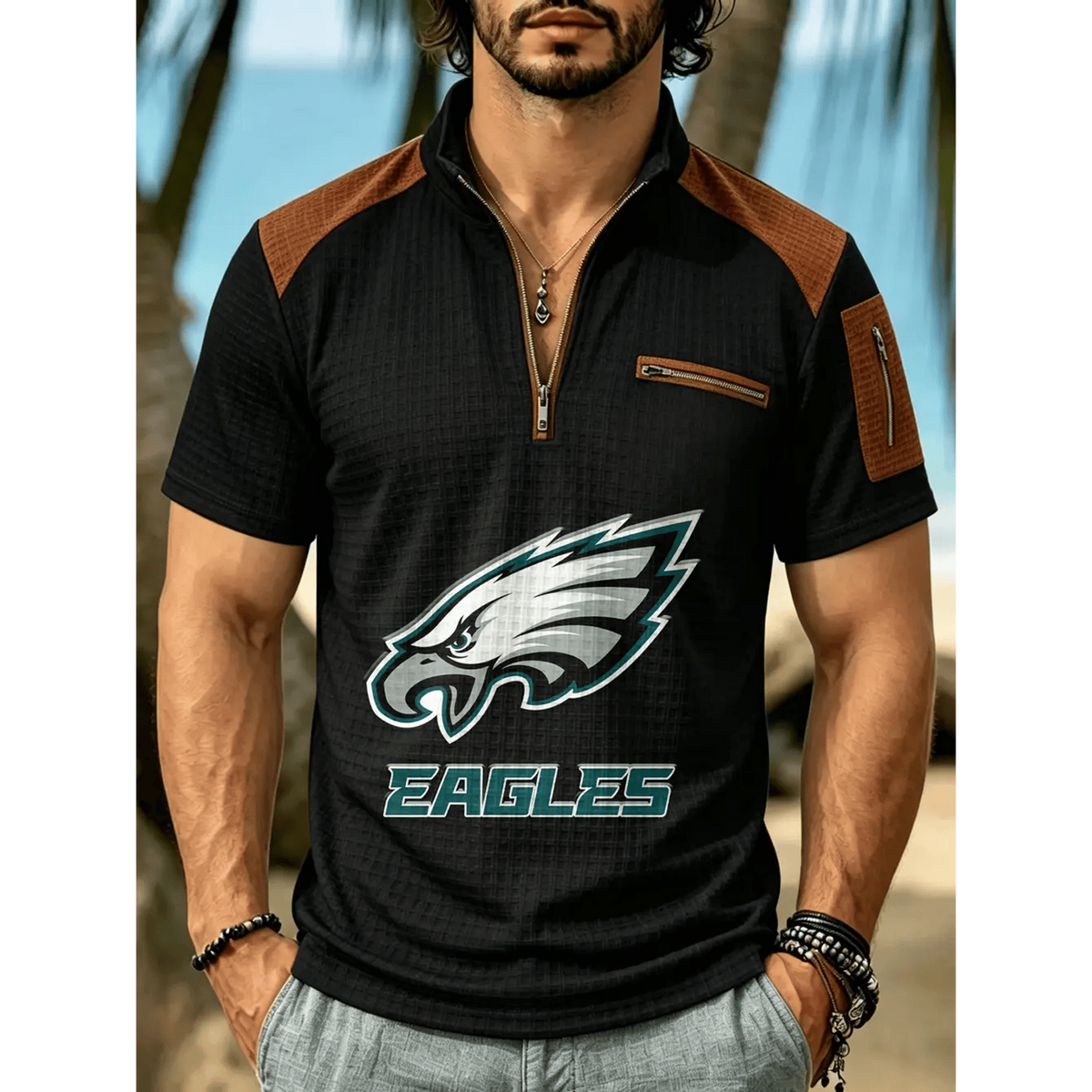 NFL x PHI Men's Quarter Zip Waffle Knit Polo Shirt