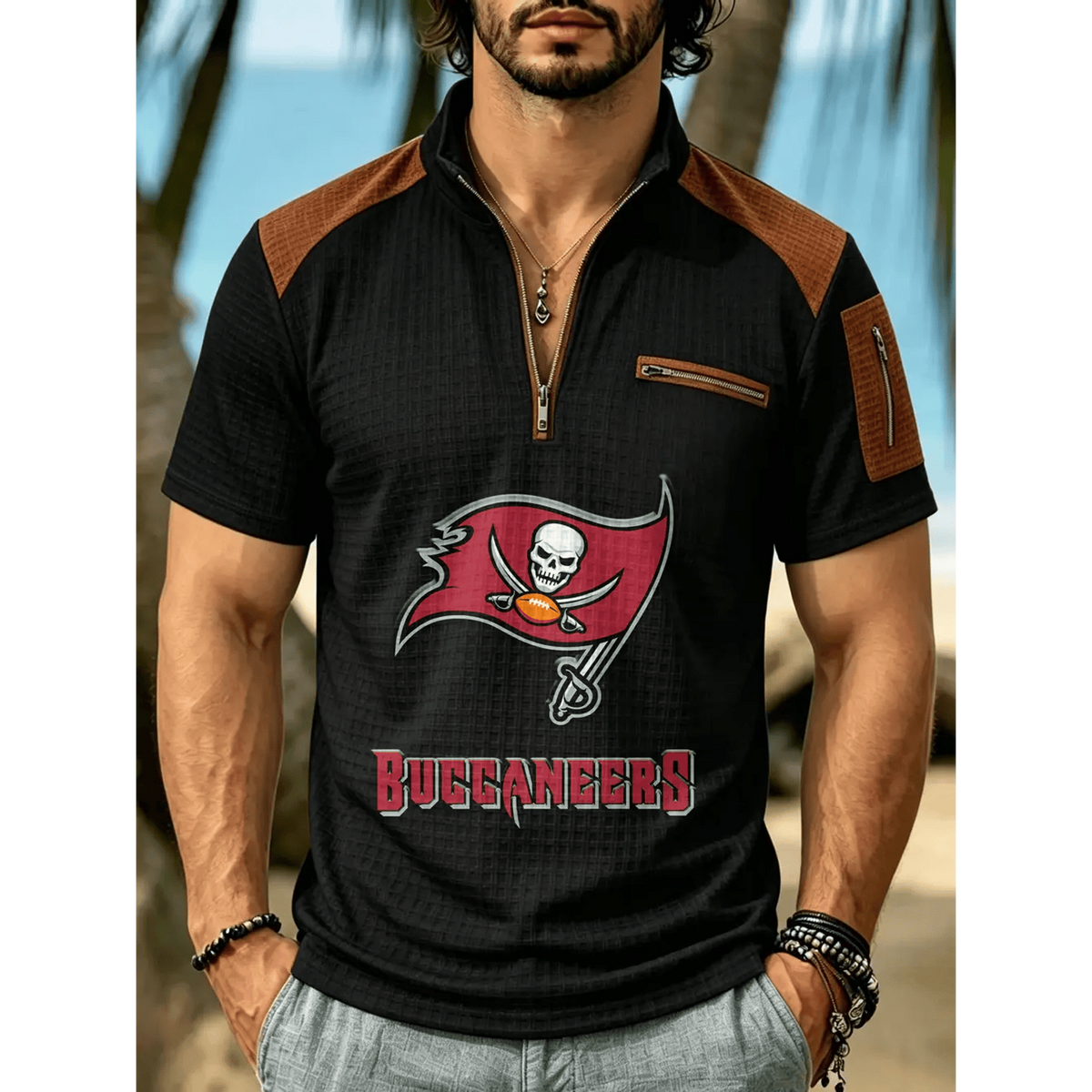 NFL x TB Men's Quarter Zip Waffle Knit Polo Shirt