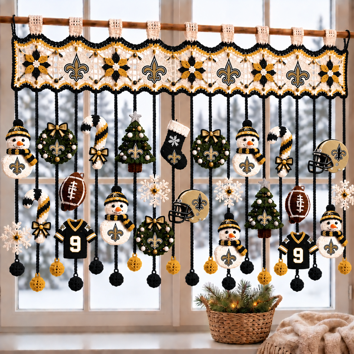 NO x NFL Christmas Crochet Window Valance β Football Snowman Wreath Holiday Decor