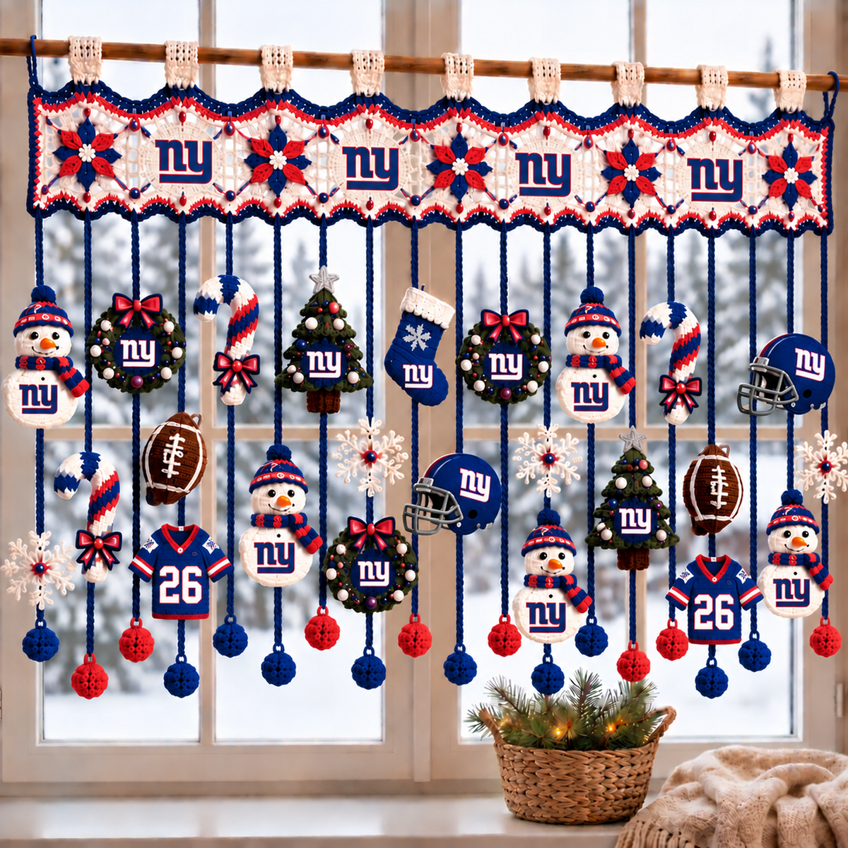 NYG x NFL Christmas Crochet Window Valance β Football Snowman Wreath Holiday Decor