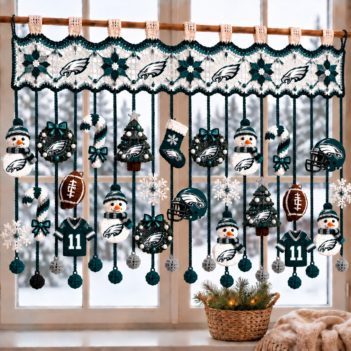 PHI x NFL Christmas Crochet Window Valance β Football Snowman Wreath Holiday Decor