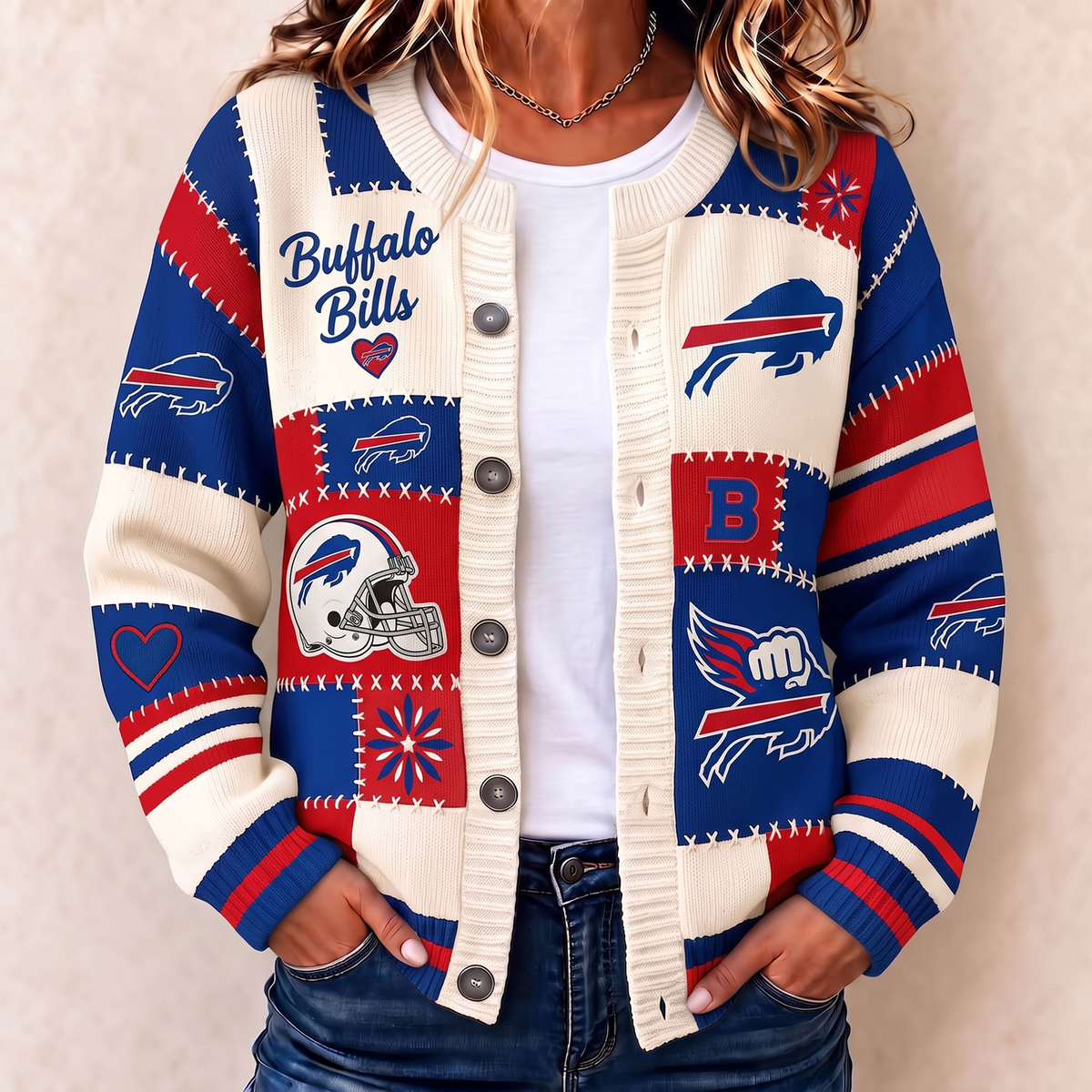 Premium BUF x NFL Patchwork Knit Varsity Cardigan