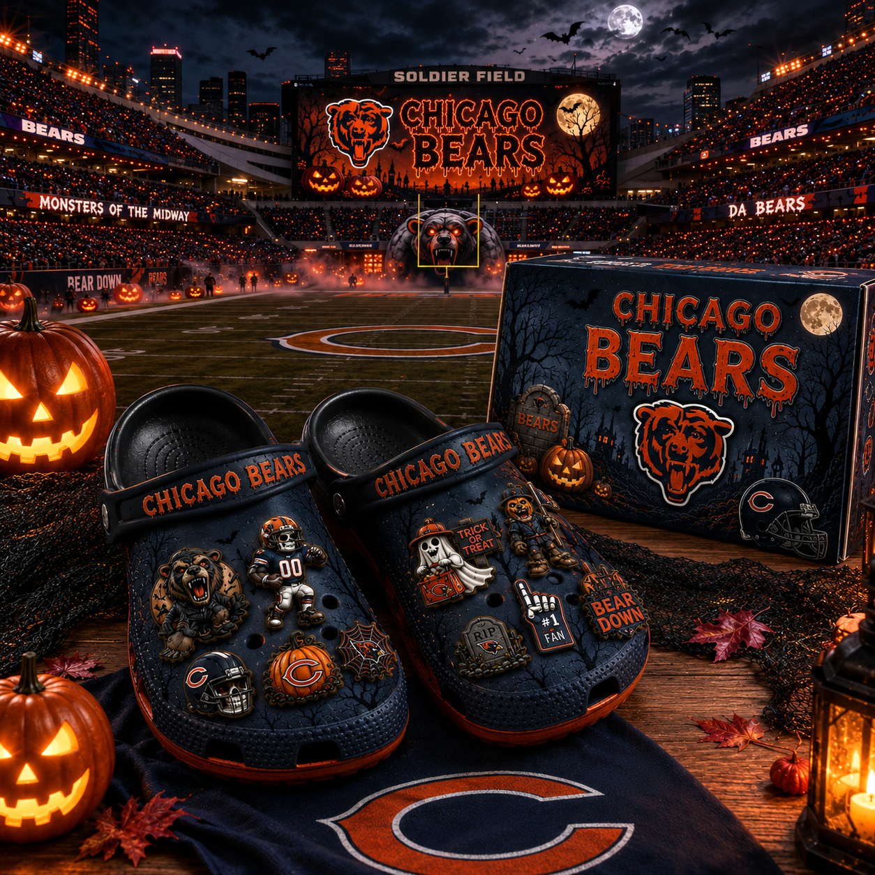 Premium NFL CHI Haunted Game Day Halloween Charm Clogs