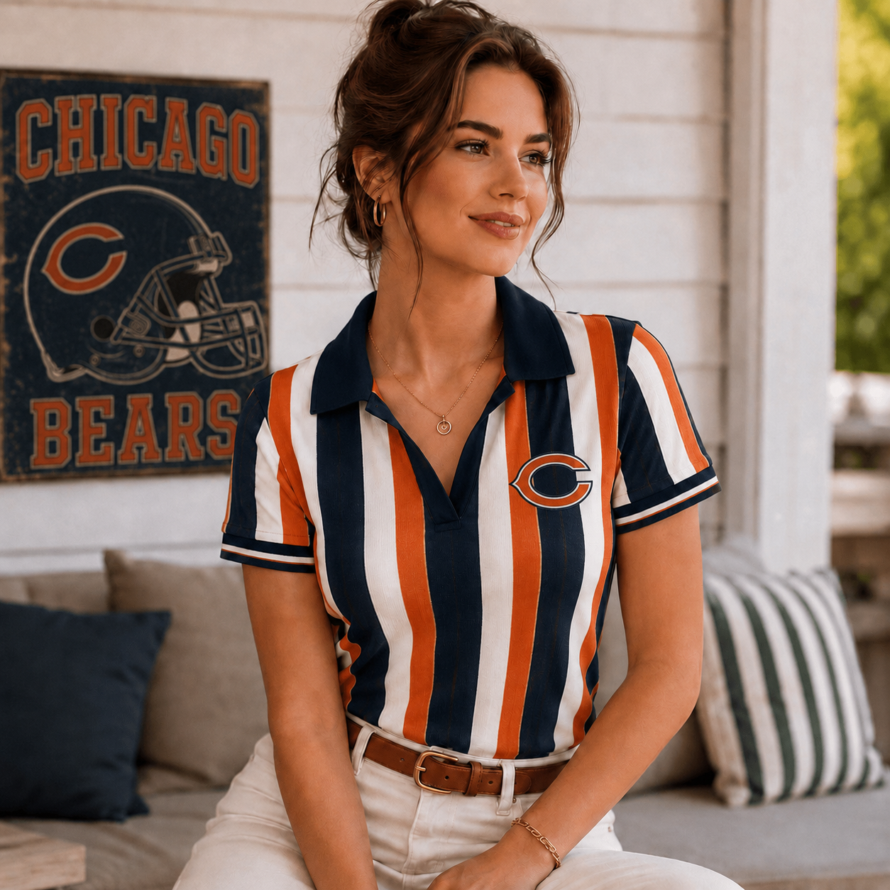 Premium NFL CHI Team Color Striped V-Neck Polo Tee V1