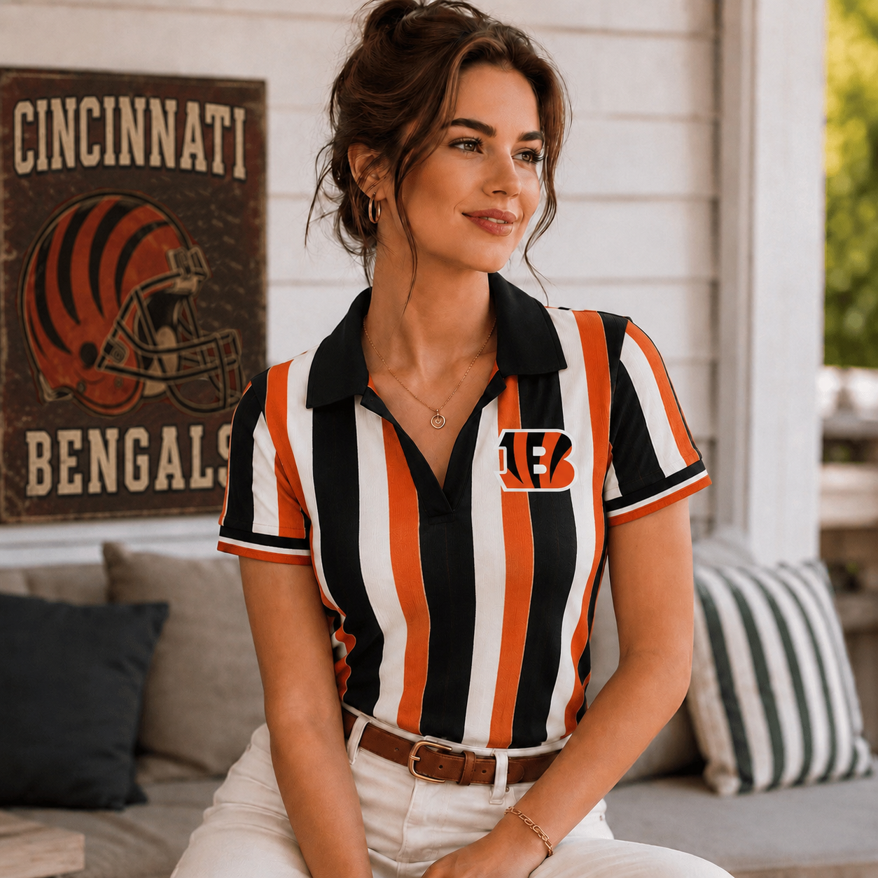 Premium NFL CIN Team Color Striped V-Neck Polo Tee V1