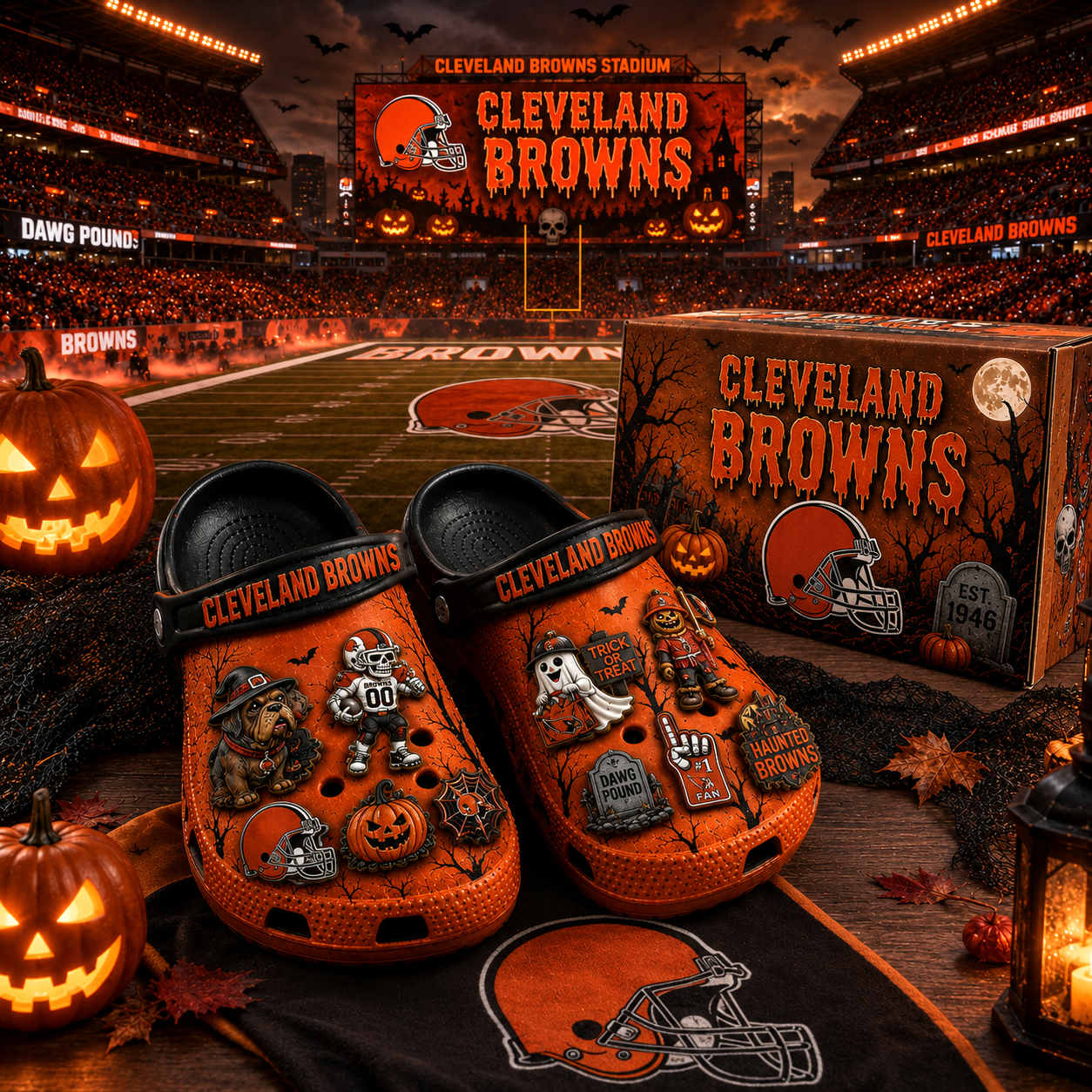 Premium NFL CLE Haunted Game Day Halloween Charm Clogs