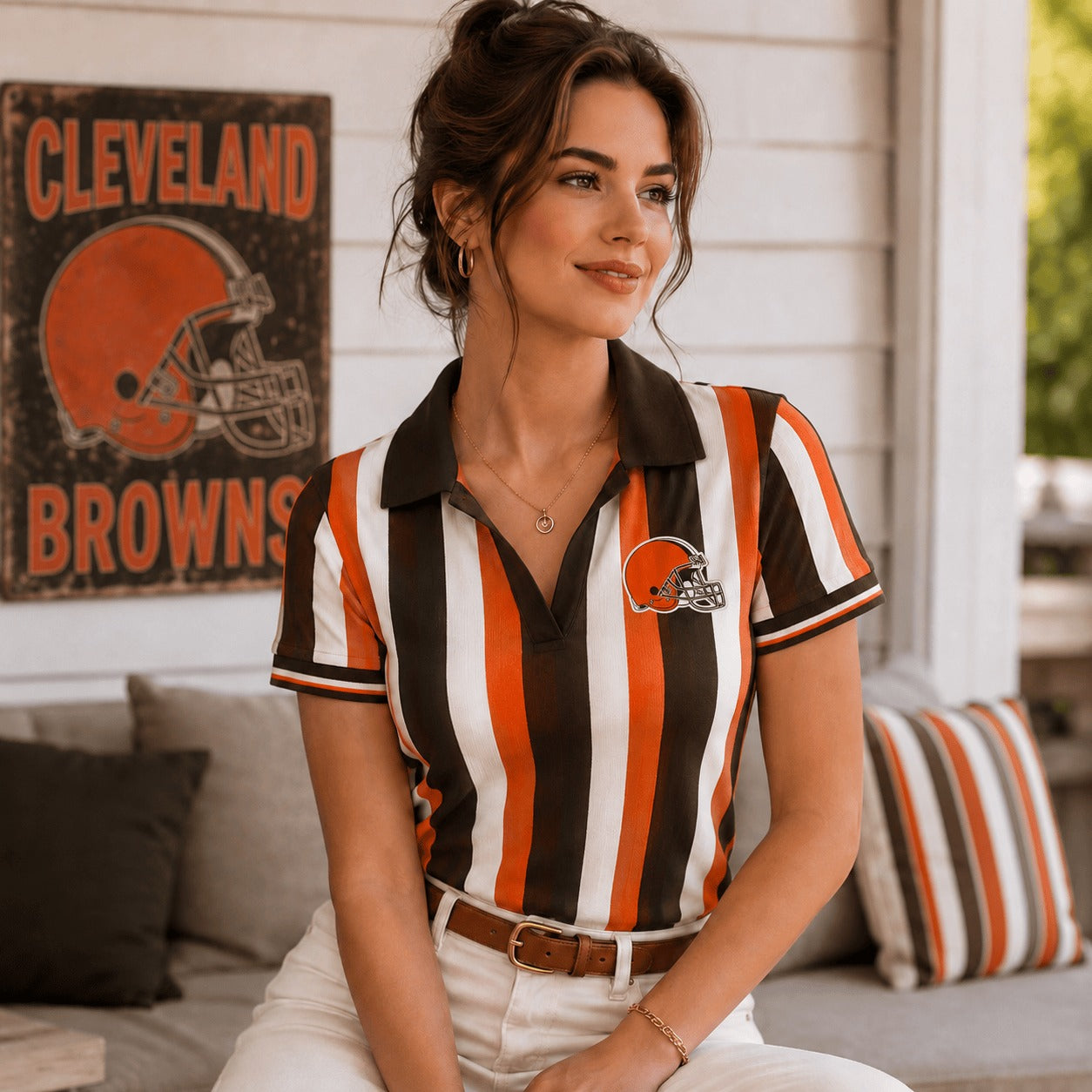 Premium NFL CLE Team Color Striped V-Neck Polo Tee V1
