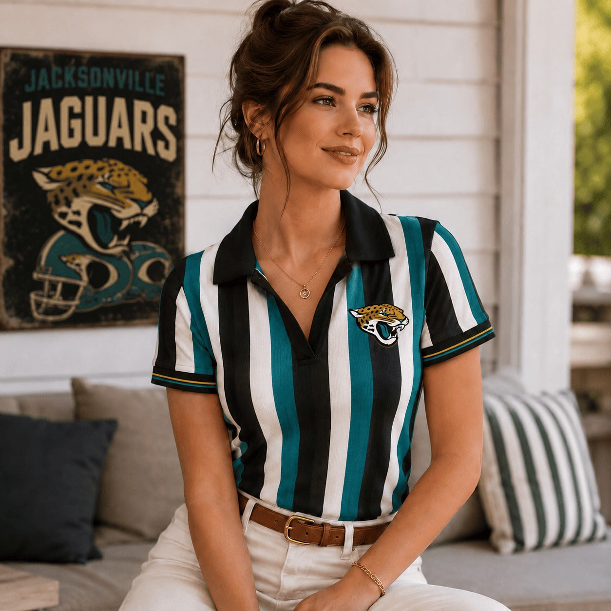 Premium NFL JJ Team Color Striped V-Neck Polo Tee V1