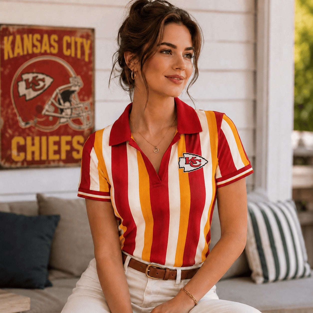 Premium NFL KCC Team Color Striped V-Neck Polo Tee V1