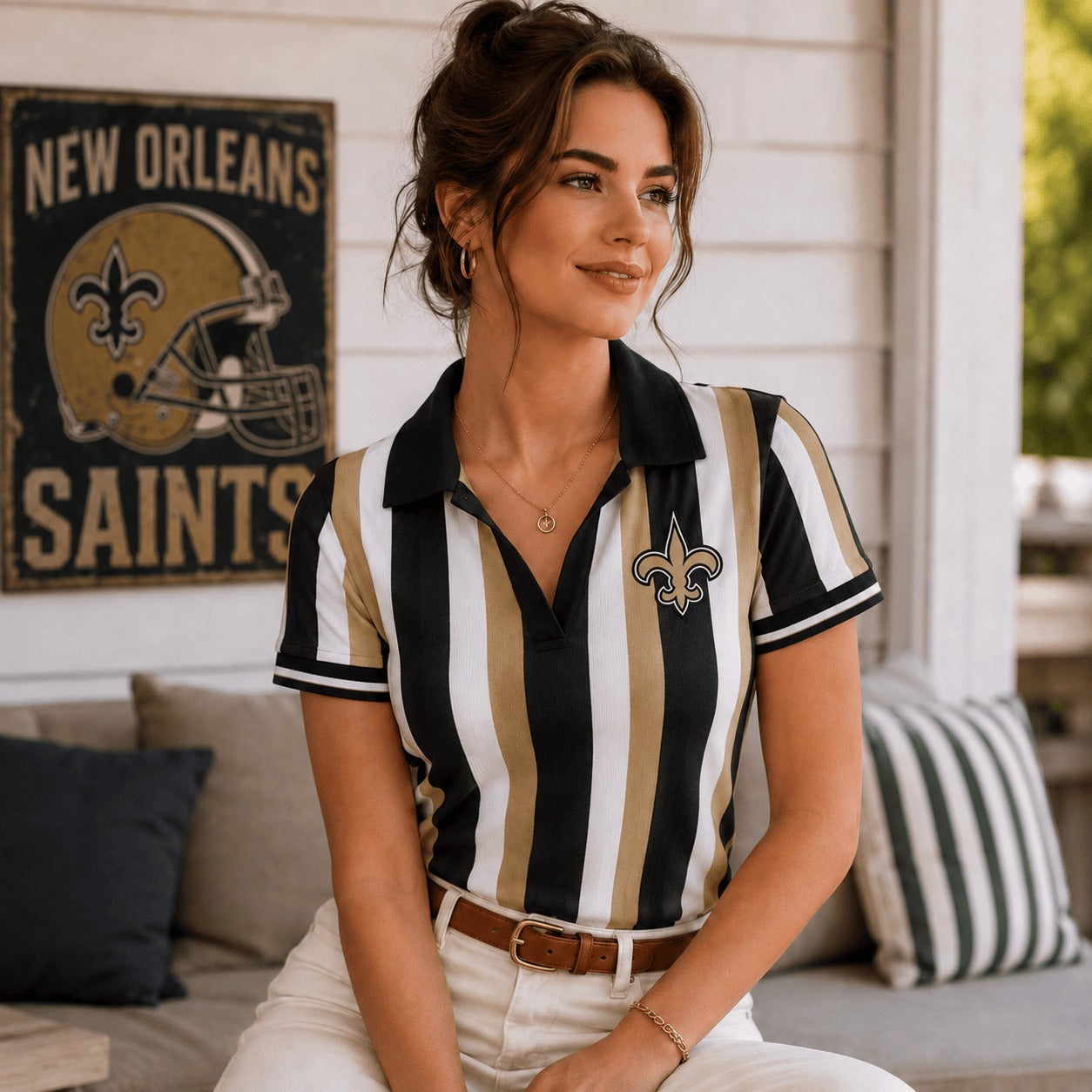 Premium NFL NOS Team Color Striped V-Neck Polo Tee V1