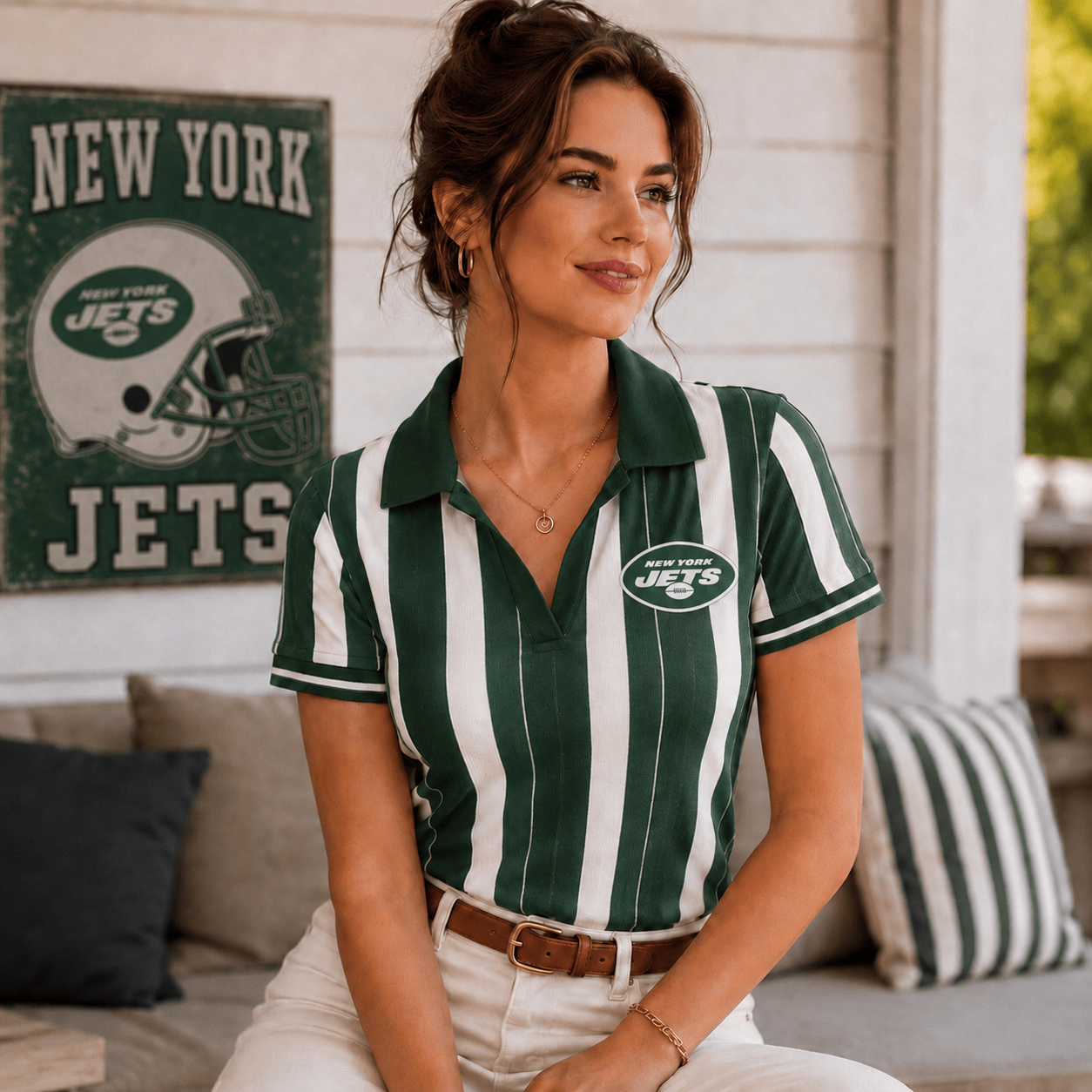 Premium NFL NYJ Team Color Striped V-Neck Polo Tee V1