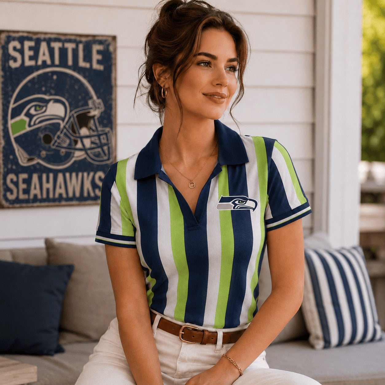 Premium NFL SS Team Color Striped V-Neck Polo Tee V1