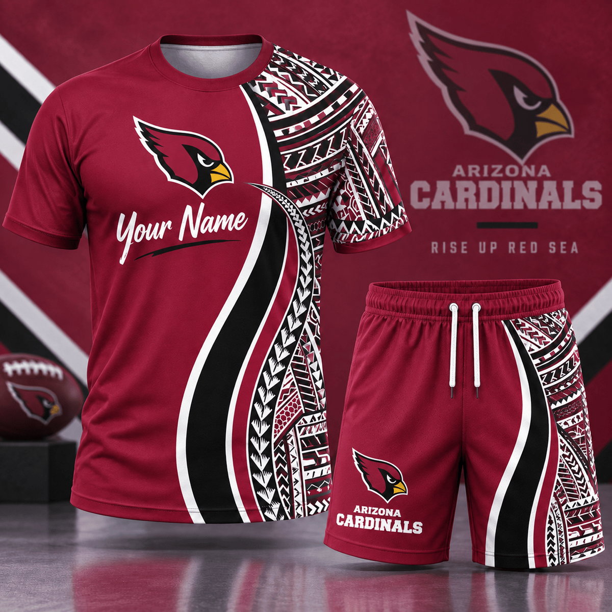 Premium NFL x ARI Custom Name Tribal Graphic T-Shirt and Shorts Set Football Fan Sports Outfit