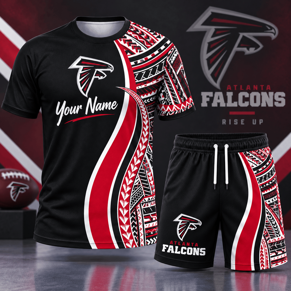 Premium NFL x ATL Custom Name Tribal Graphic T-Shirt and Shorts Set Football Fan Sports Outfit