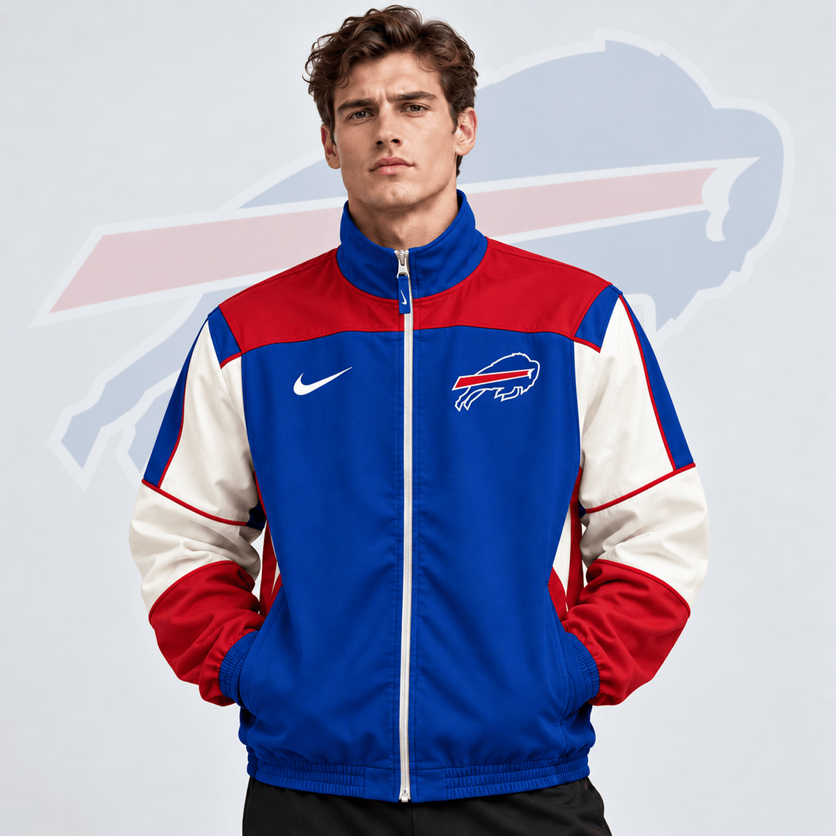 Premium NFL x BUF Team Crest Retro Color Block Full Zip Windbreaker Jacket