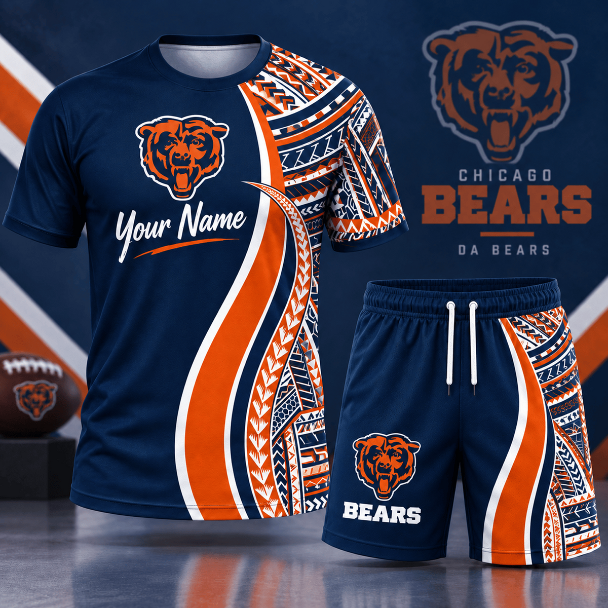 Premium NFL x CHI Custom Name Tribal Graphic T-Shirt and Shorts Set Football Fan Sports Outfit