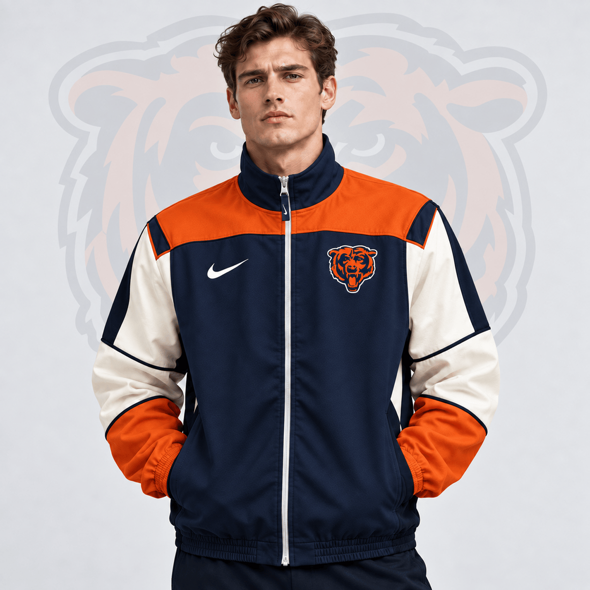 Premium NFL x CHI Team Crest Retro Color Block Full Zip Windbreaker Jacket