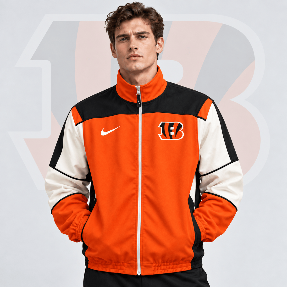 Premium NFL x CIN Team Crest Retro Color Block Full Zip Windbreaker Jacket