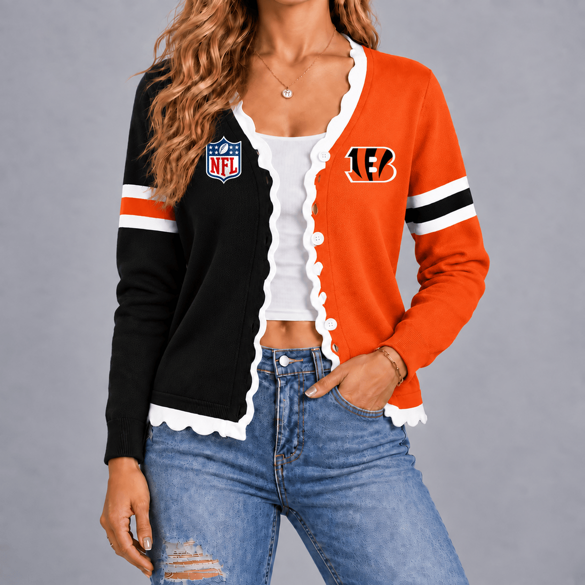 Premium NFL x CIN Varsity Stripe Button Cardigan